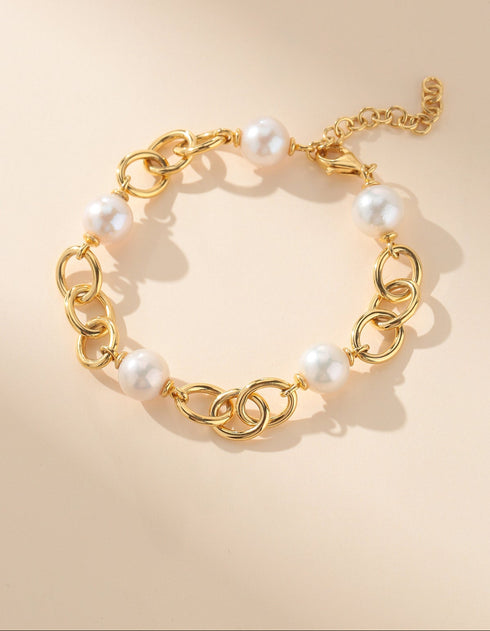 9-10mm Freshwater Pearl Chunky Gold Chain Bracelet